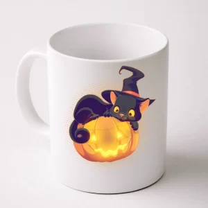 Cute Halloween Glowing Pumpkin Jackolantern Witch Cat Coffee Mug