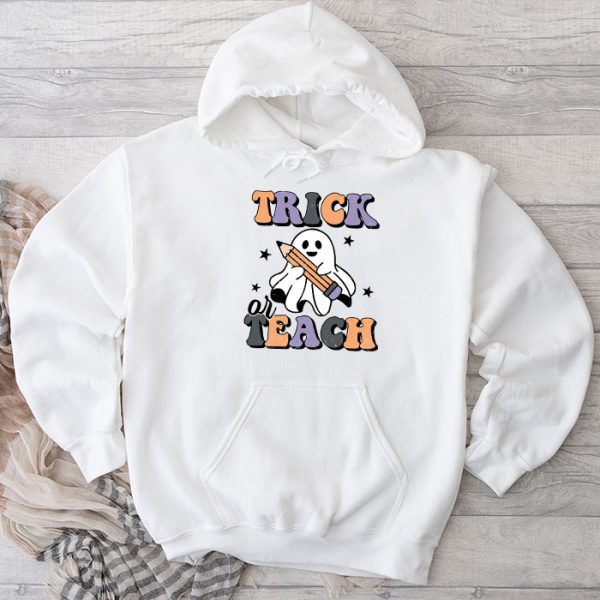 Groovy Halloween Trick or Teach Retro Floral Ghost Teacher Hoodie TH612