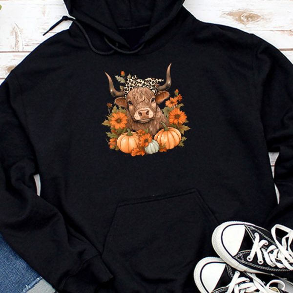 Highland Cow Fall And Leaves Pumpkins Autumn Thanksgiving Hoodie TH732