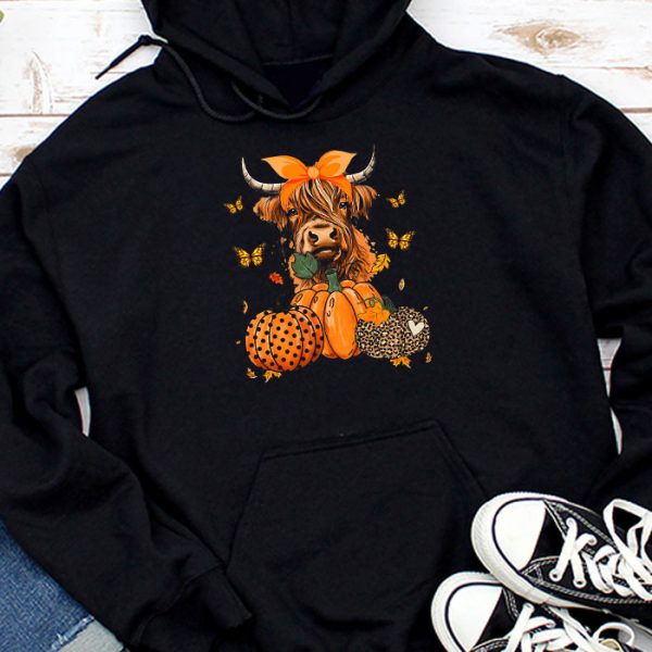 Highland Cow Fall And Leaves Pumpkins Autumn Thanksgiving Hoodie TH735