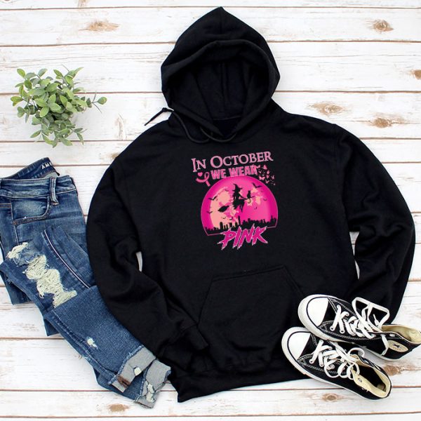 In October We Wear Pink Ribbon Witch Halloween Breast Cancer Hoodie
