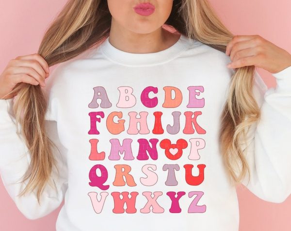 Valentine Sweatshirt I Love You Sweater Teacher Valentine's Shirt ABC Valentines Day Gifts for Teacher Shirt Valentine Heart Mouse Ears VLT1023