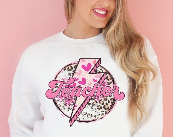 Valentine Sweatshirt Teacher Valentine's Shirt Valentines Day Sweater Gifts for Teacher Shirt Vday Outfits Leopard Lightening Bolt Heart VLT1052