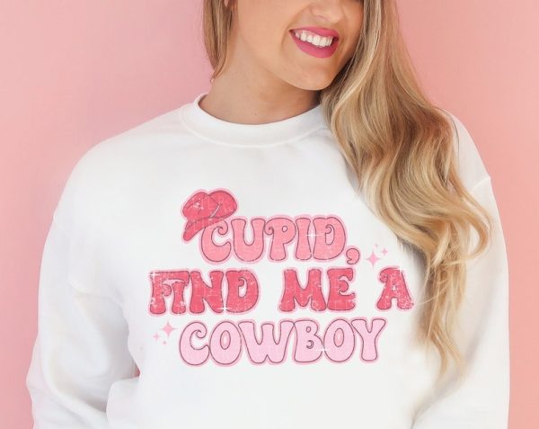 Valentines Day Sweatshirts Cupid Find Me A Cowboy Sweatshirt Retro Groovy Valentine Day Shirt V-Day Gift For Her Galentines Day Gift For BFF VLT1046