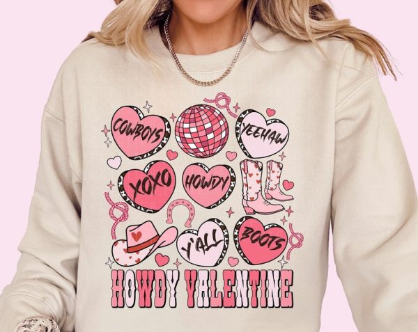 Valentines Day Sweatshirts Howdy Valentine Cowboy Sweatshirt Retro Groovy Valentine Day Shirt VDay Gift For Her Galentines Day Gift For BFF VLT1015