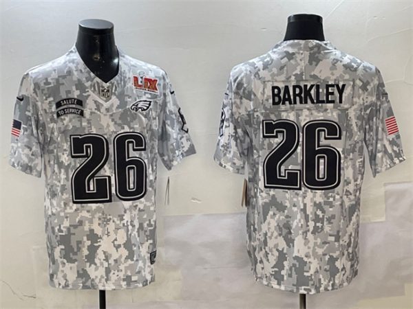 Philadelphia Eagles #26 Saquon Barkley 2025 Super Bowl LIX Patch F.U.S.E. Arctic Camo Salute to Service Limited Football Stitched Jersey