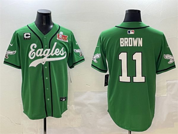 Philadelphia Eagles #11 A.J. Brown Green 2025 Super Bowl LIX And 3-Star C Patch Stitched Baseball Jersey