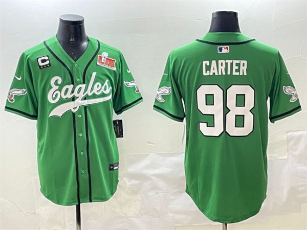 Philadelphia Eagles #98 Jalen Carter Green 2025 Super Bowl LIX And 3-Star C Patch Stitched Baseball Jersey