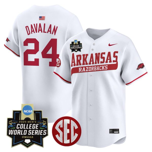 Arkansas Razorbacks 2025 World Series Vapor Premier Limited Jersey Stitched White Charles Davalan