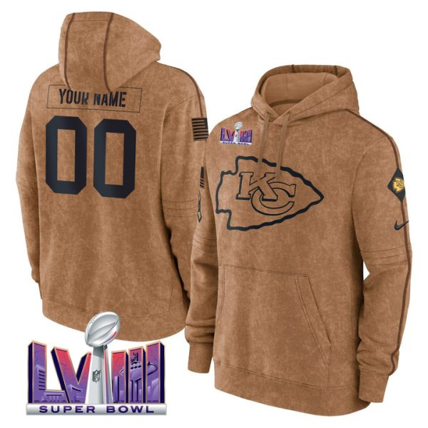 Chiefs Super Bowl LVIII Patch Salute To Service Brown Custom Stitched Hoodie - Stitched Brown
