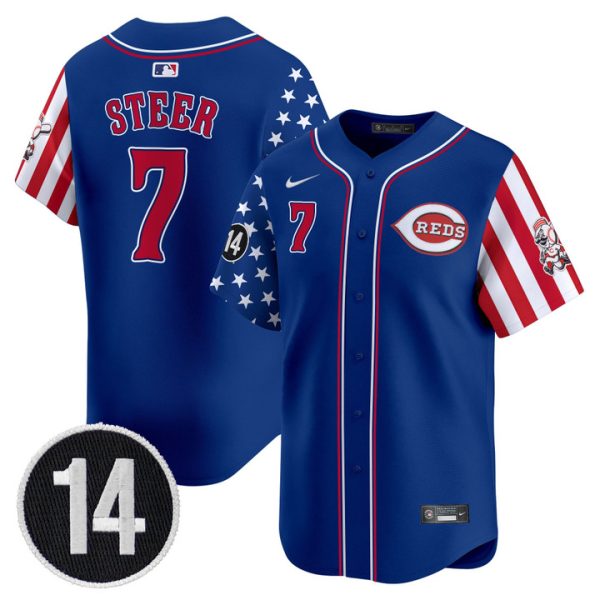 Cincinnati Reds 2025 Independence Day Vapor Premier Limited Jersey - Pete Rose Patch Stitched Royal Spencer Steer