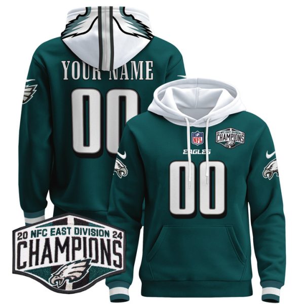 Eagles 2024 NFC East Division Champions Patch Custom Pullover Stitched Hoodie - Midnight Green