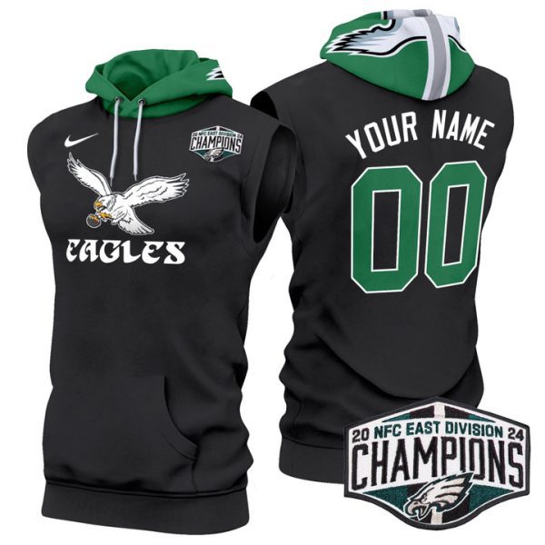 Eagles Kelly Green 2024 NFC East Division Champions Custom Sleeveless Stitched Hoodie - Black