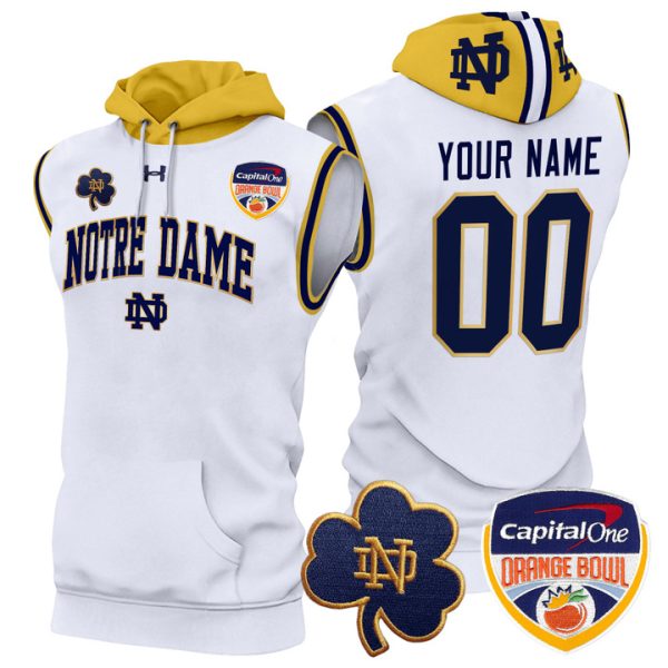 Notre Dame Fighting Irish Orange Bowl Patch Custom Sleeveless Stitched Hoodie - White