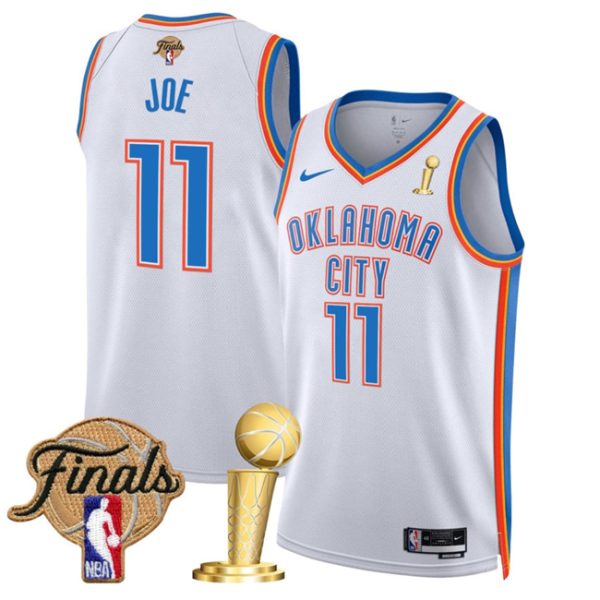 Oklahoma City Thunder #11 Isaiah Joe White 2025 Finals Patch And Finals Champions Patch Association Edition Stitched Basketball Jersey