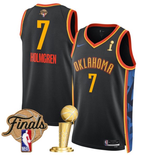 Oklahoma City Thunder #7 Chet Holmgren Black 2025 Finals Patch And Finals Champions Patch City Edition Stitched Basketball Jersey