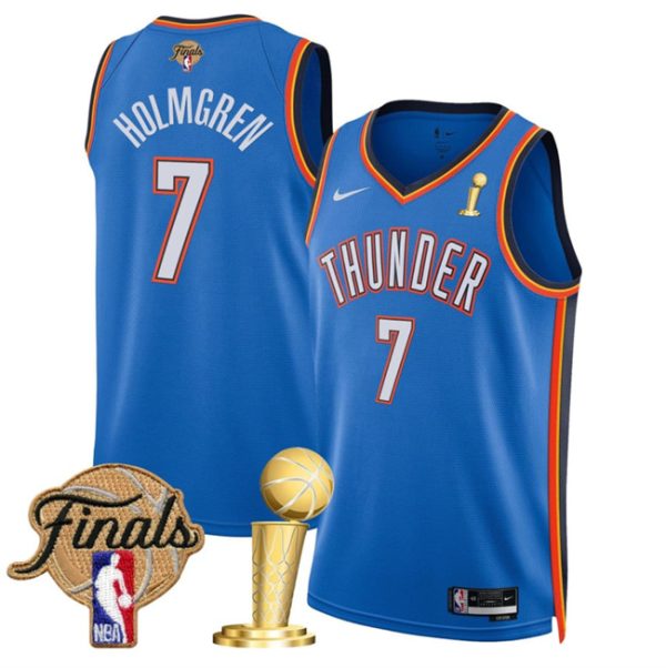 Oklahoma City Thunder #7 Chet Holmgren Blue 2025 Finals Patch And Finals Champions Patch Icon Edition Stitched Basketball Jersey