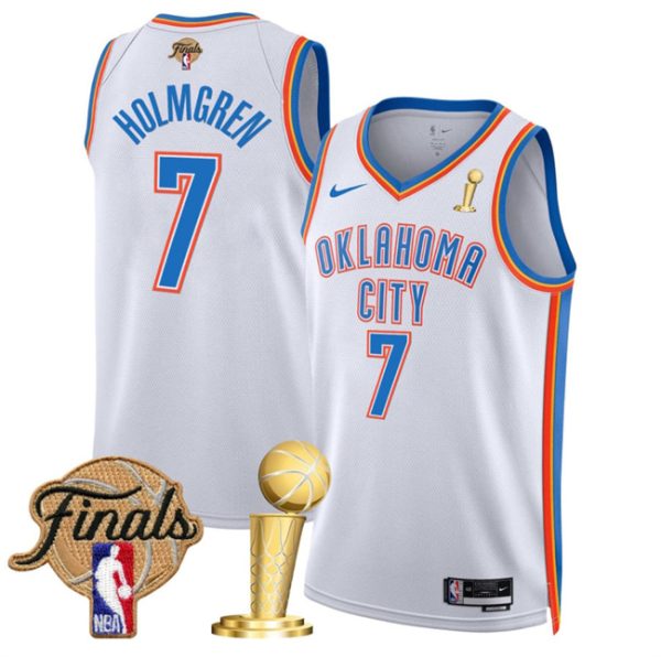 Oklahoma City Thunder #7 Chet Holmgren White 2025 Finals Patch And Finals Champions Patch Association Edition Stitched Basketball Jersey