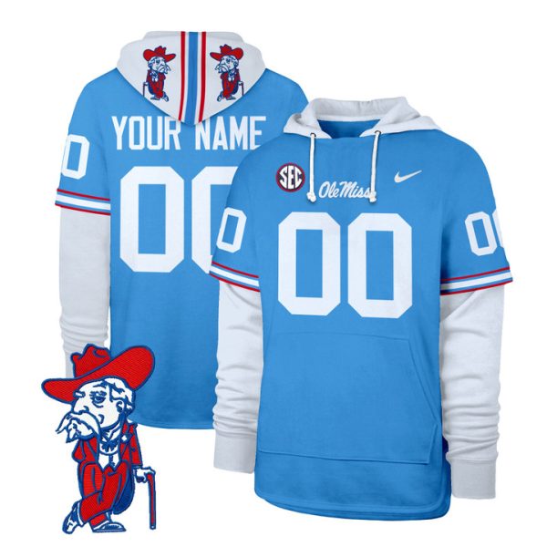 Ole Miss Rebels Shortstop 2024 Custom Pullover Stitched Hoodie - Powder Blue