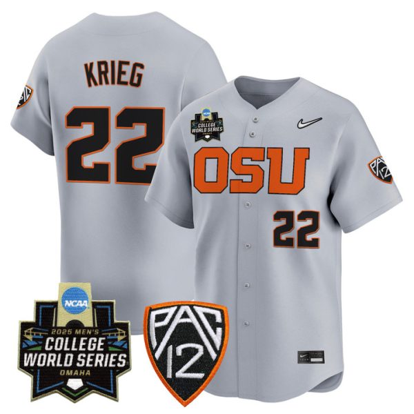 Oregon State Beavers 2025 World Series Vapor Premier Limited Jersey Stitched Gray Jacob Krieg