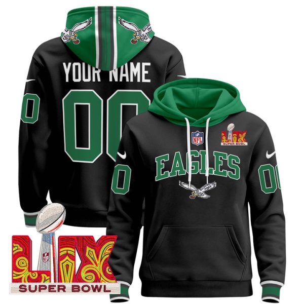 Philadelphia Eagles Super Bowl LIX Patch Custom Pullover Stitched Hoodie - Black