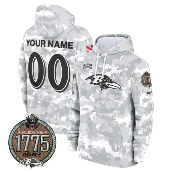 Ravens 2024 Salute to Service Establishment Year Patch Custom Fleece Pullover Stitched Hoodie - Army
