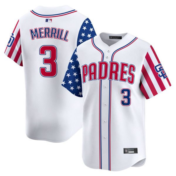 San Diego Padres 2025 Independence Day Vapor Premier Limited Jersey Stitched White Jackson Merrill