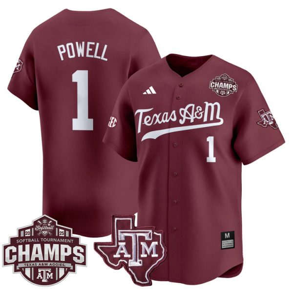 Size - Texas A&M Aggies 2025 SEC Softball Conference Tournament Champions Patch Vapor Premier Limited Jersey Stitched Maroon Kennedy Powell