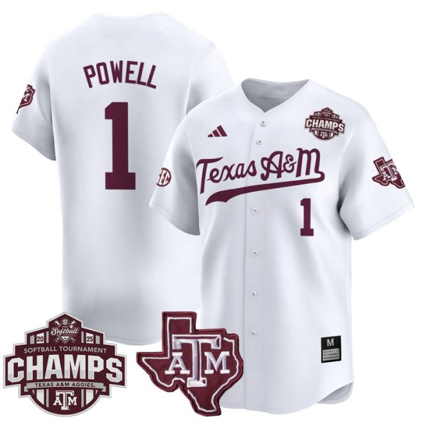 Size - Texas A&M Aggies 2025 SEC Softball Conference Tournament Champions Patch Vapor Premier Limited Jersey Stitched White Kennedy Powell