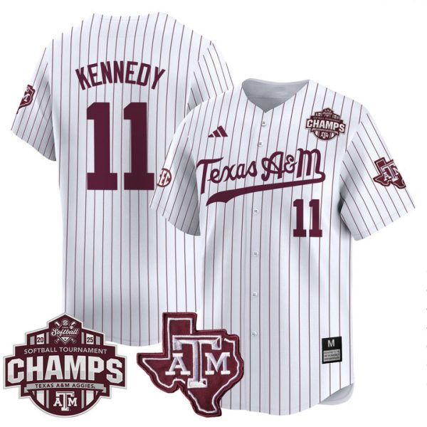 Size - Texas A&M Aggies 2025 SEC Softball Conference Tournament Champions Patch Vapor Premier Limited Jersey Stitched White Pinstripe Emiley Kennedy