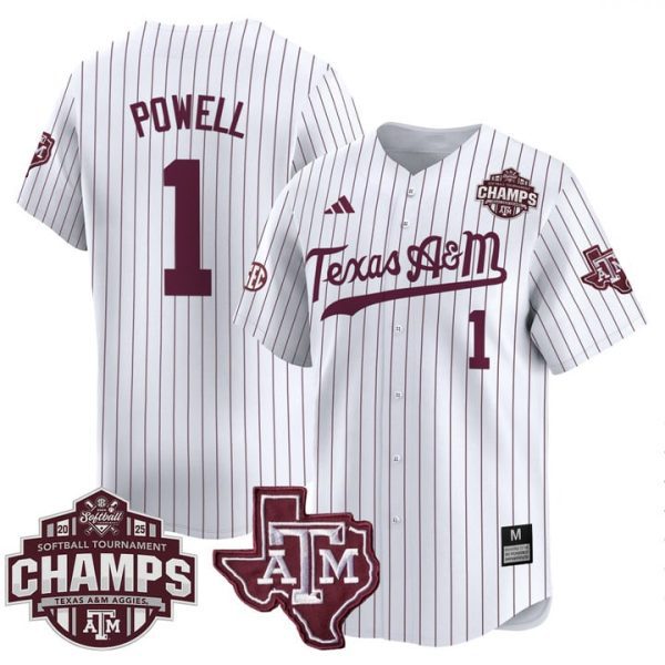 Size - Texas A&M Aggies 2025 SEC Softball Conference Tournament Champions Patch Vapor Premier Limited Jersey Stitched White Pinstripe Kennedy Powell