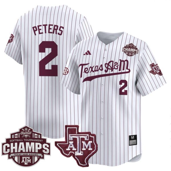 Size - Texas A&M Aggies 2025 SEC Softball Conference Tournament Champions Patch Vapor Premier Limited Jersey Stitched White Pinstripe Sidne Peters