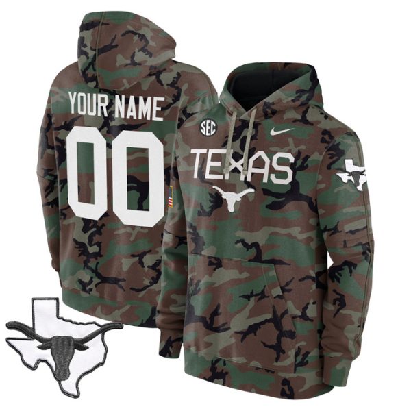 Texas Longhorns 2024 Military Custom Fleece Pullover Stitched Hoodie - Custom