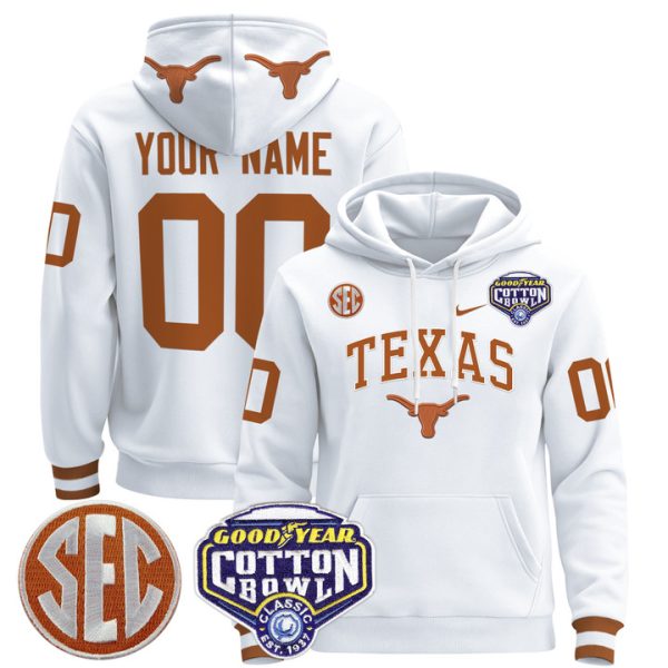 Texas Longhorns Cotton Bowl Patch Custom Pullover Stitched Hoodie - White
