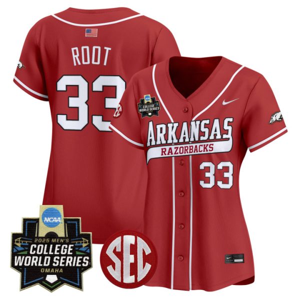 Women's Arkansas Razorbacks 2025 World Series Vapor Premier Limited Jersey Stitched Cardinal Zach Root