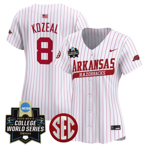 Women's Arkansas Razorbacks 2025 World Series Vapor Premier Limited Jersey Stitched Pinstripe Cam Kozeal