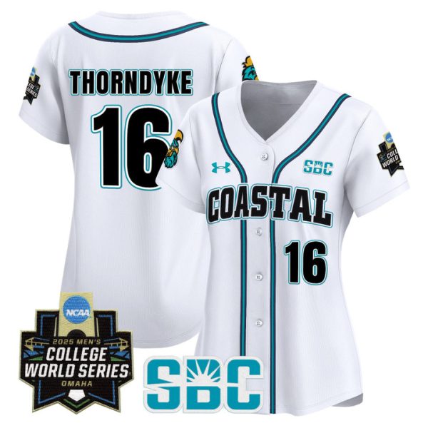 Women's Coastal Carolina Chanticleers 2025 World Series Vapor Premier Limited Jersey Stitched White Colby Thorndyke
