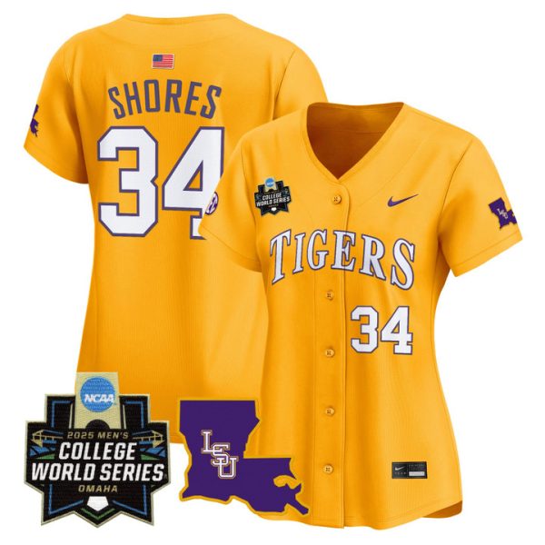 Women's LSU Tigers 2025 World Series Vapor Premier Limited Jersey Stitched Gold Chase Shores