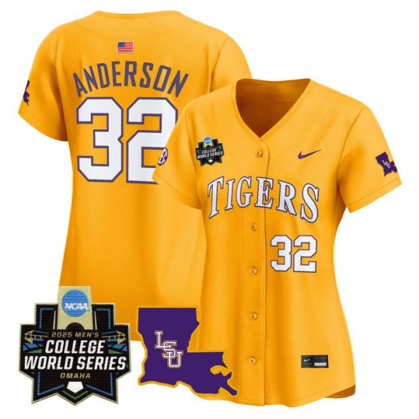 Women's LSU Tigers 2025 World Series Vapor Premier Limited Jersey Stitched Gold Kade Anderson