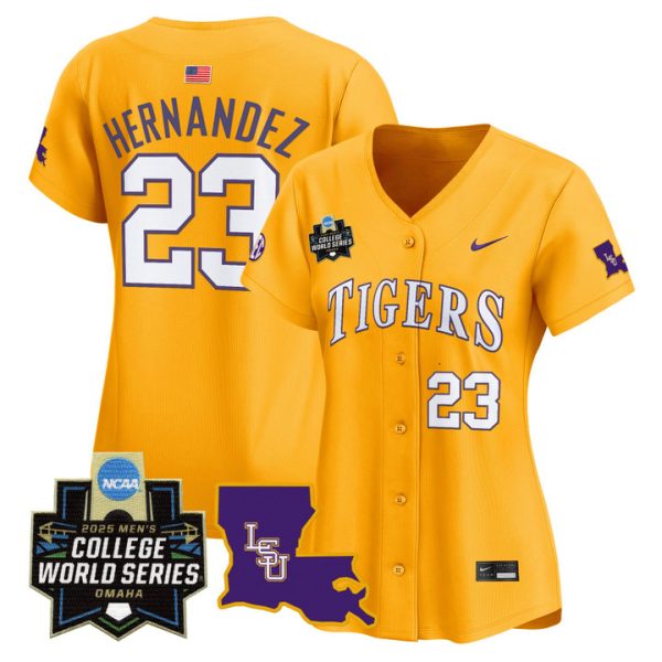 Women's LSU Tigers 2025 World Series Vapor Premier Limited Jersey Stitched Gold Luis Hernandez