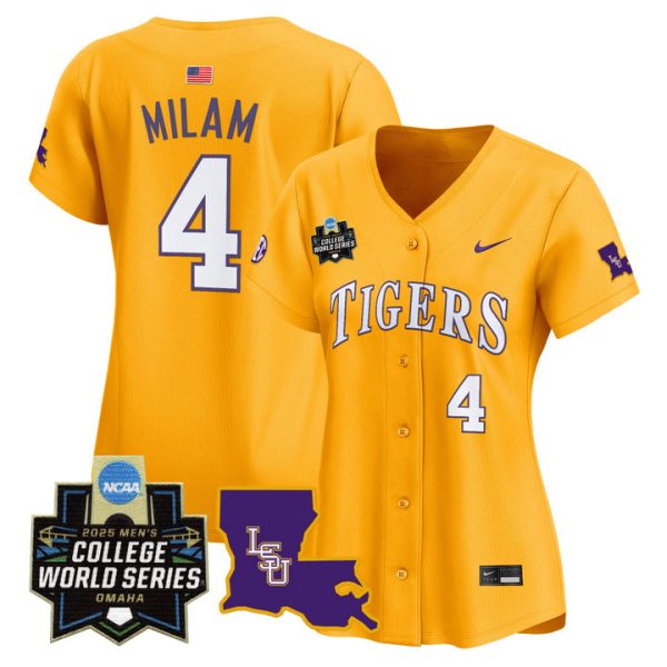 Women's LSU Tigers 2025 World Series Vapor Premier Limited Jersey Stitched Gold Steven Milam