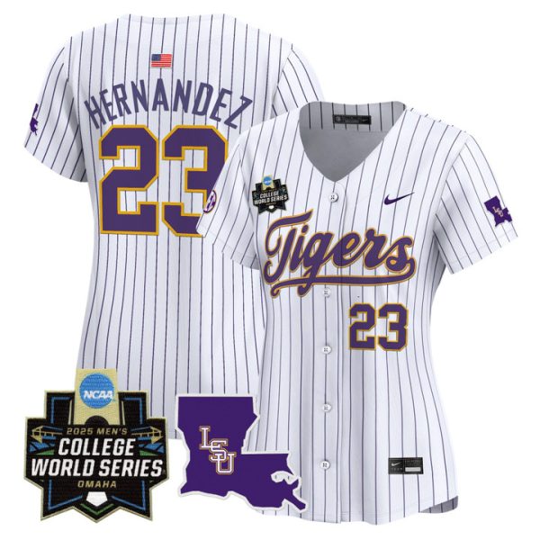 Women's LSU Tigers 2025 World Series Vapor Premier Limited Jersey Stitched Pinstripe Luis Hernandez