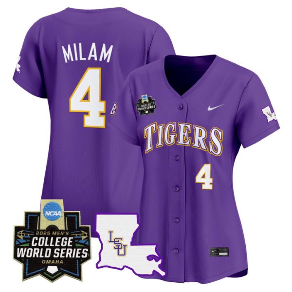 Women's LSU Tigers 2025 World Series Vapor Premier Limited Jersey Stitched Purple Steven Milam