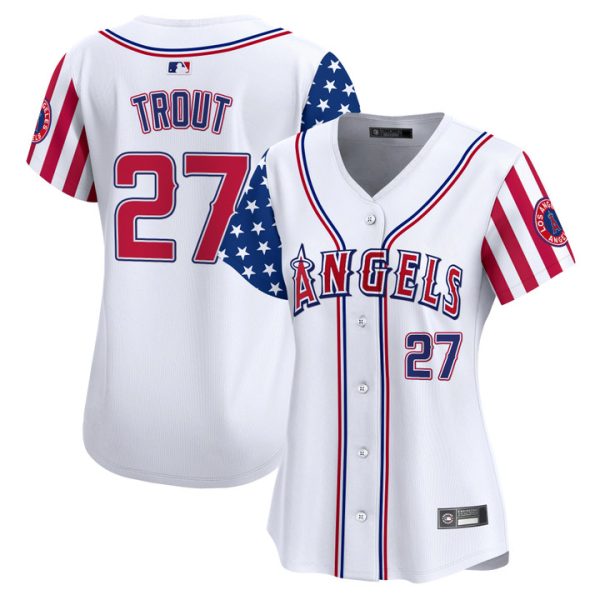 Women's Los Angeles Angels 2025 Independence Day Vapor Premier Limited Jersey Stitched White Mike Trout