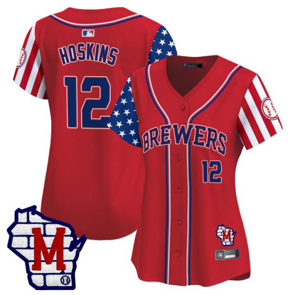 Women's Milwaukee Brewers 2025 Independence Day Vapor Premier Limited Jersey Stitched Red Rhys Hoskins