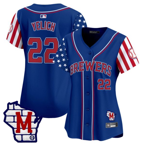 Women's Milwaukee Brewers 2025 Independence Day Vapor Premier Limited Jersey Stitched Royal Christian Yelich