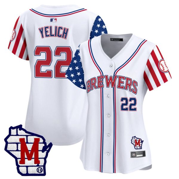 Women's Milwaukee Brewers 2025 Independence Day Vapor Premier Limited Jersey Stitched White Christian Yelich