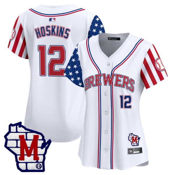 Women's Milwaukee Brewers 2025 Independence Day Vapor Premier Limited Jersey Stitched White Rhys Hoskins