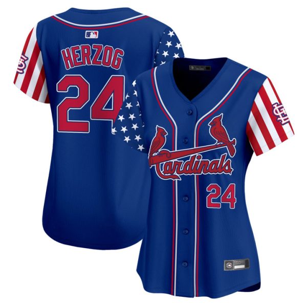 Women's St. Louis Cardinals 2025 Independence Day Vapor Premier Limited Jersey V2 Stitched Royal Whitey Herzog