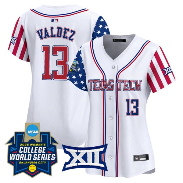 Women's Texas Tech Red Raiders Softball 2025 Independence Day Vapor Premier Limited Jersey Stitched White Victoria Valdez